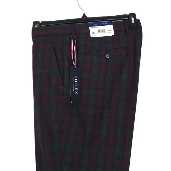 Tommy Hilfiger Modern-Fit Stretch Dress Pants Wine Green Windowpane 40x30 NWT - Picture 1 of 6